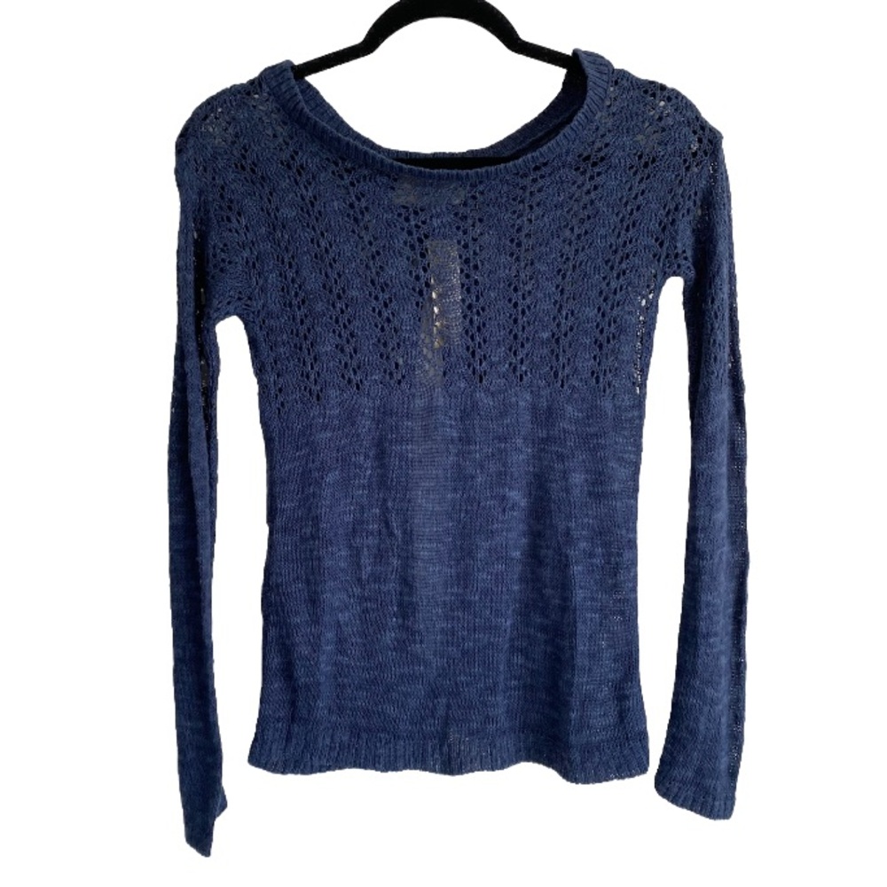 Sweet N Sinful Women's Navy Open Back Knit Crochet Sweater Size XS NWT